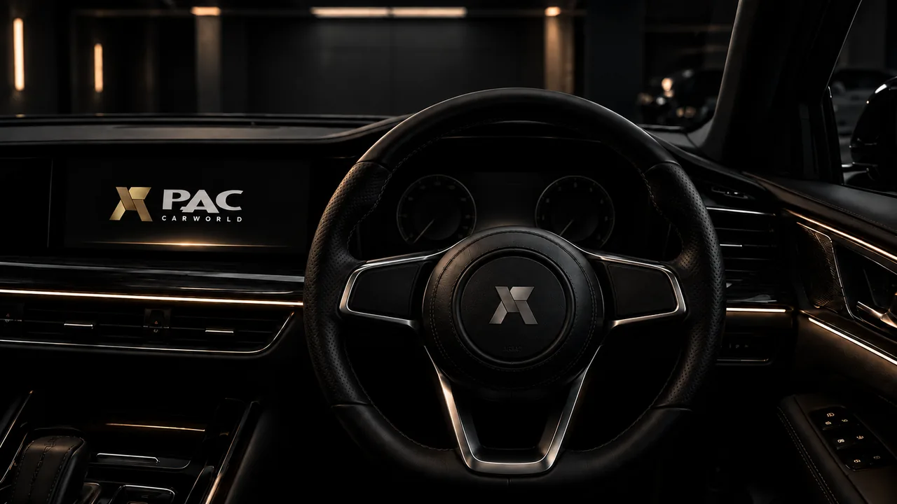 A dark right-hand-drive luxury dashboard with illuminated PAC branding